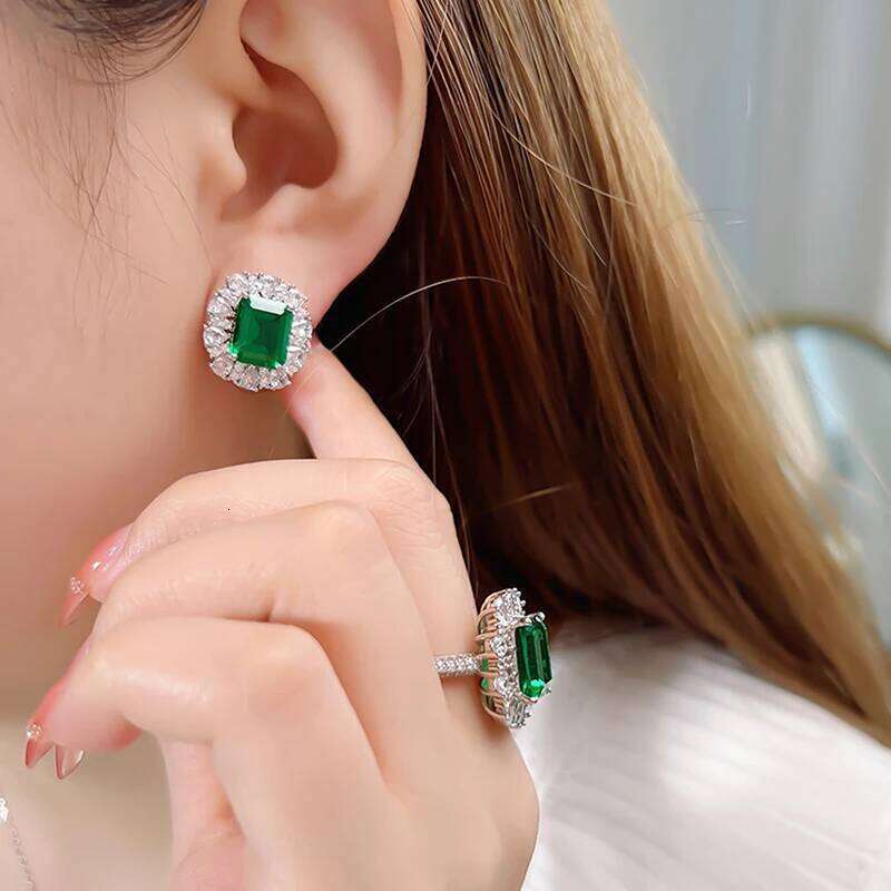 Huitan Rectangular Green Cubic Zirconia Stud Earrings Gorgeous Accessories for Women Wedding Party Temperament Female Jewelry