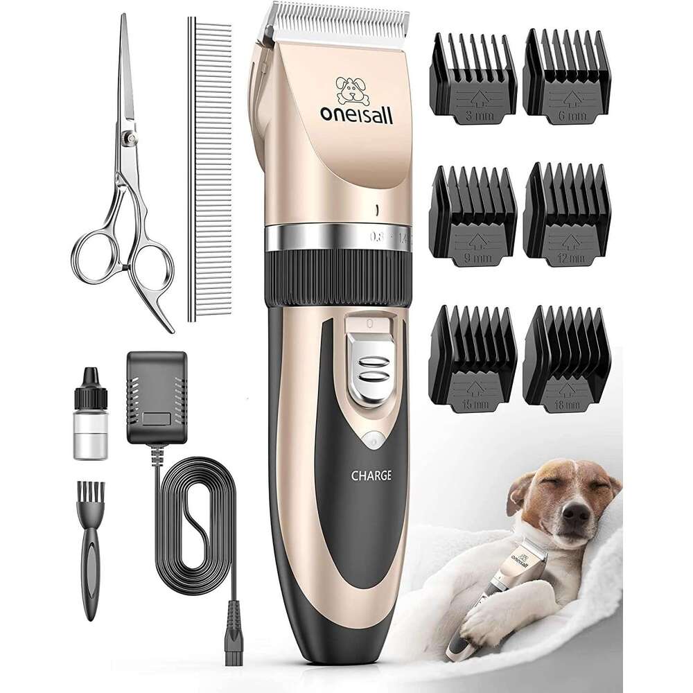 oneisall Low Noise, Dog Grooming Kit with Rechargeable, Pet Shaver Cordless Electric Quiet Hair Set for Dogs Cats PetsGold
