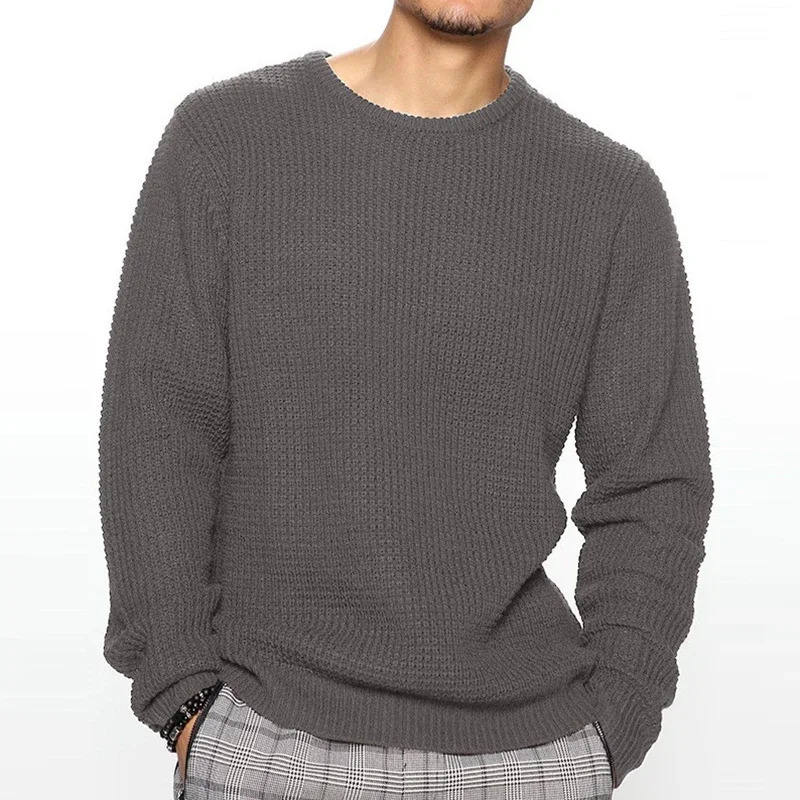 Mens Casual Sweater Round Neck Long Sleeve Knitted Sweater Solid Color Fashion Versatile Top 251223