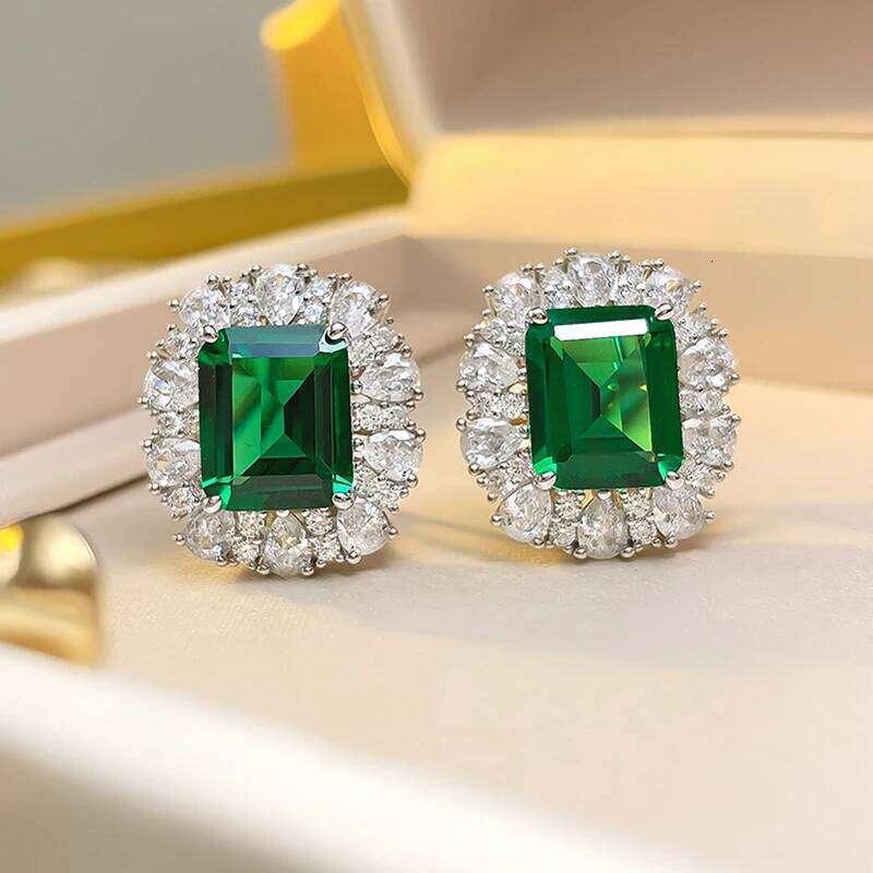 Huitan Rectangular Green Cubic Zirconia Stud Earrings Gorgeous Accessories for Women Wedding Party Temperament Female Jewelry