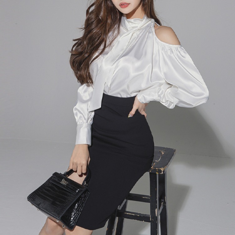 2025 Autumn Little Chanel Style Halter Neck OffShoulder Silk Texture Loose Shirt High Waist Bodycon Skirt TwoPiece Set for Women 210531