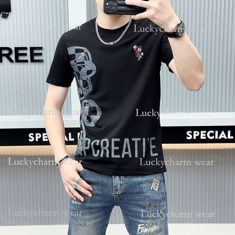 Summer New Cartoon Anime Print Short Sleeve Men Slim Fit Round Neck Men's Tee European Style Youth T-Shirt