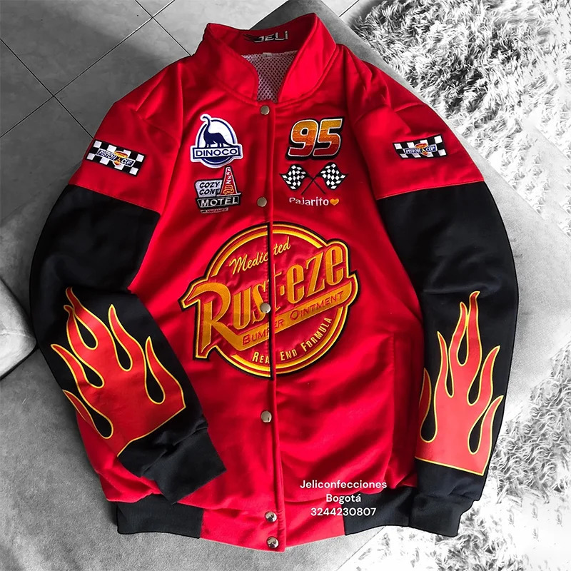 Red Black Colorblock Splicing Flame Harajuku Embroidery Oversized Baseball Jacket Y2K Men Women Casual Fashion Streetwear 251226
