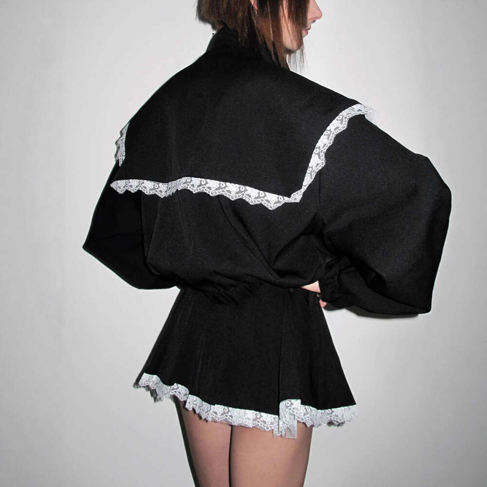 Lace Patchwork Short Skirt Set High End French Design Chiffon Blouse Loose Solid Color Zipper Long Sleeve Cardigan Luxury - view 5