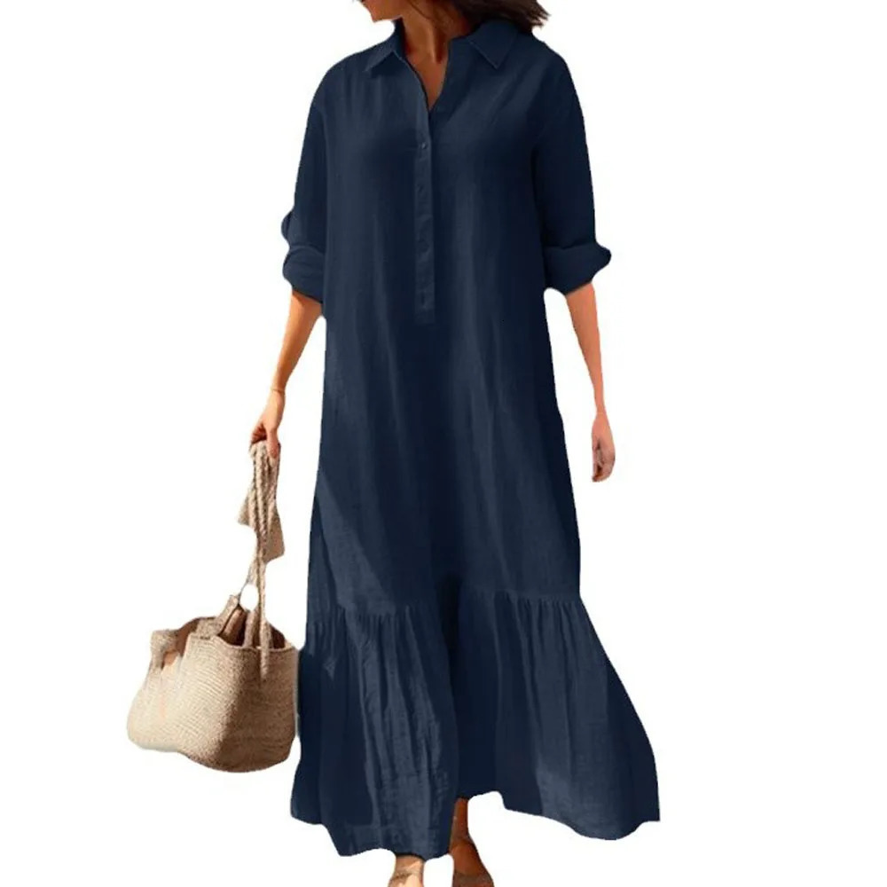 Women Blouse Long Maxi Dress Summer Female Ruffle Long Sleeve Cotton Linen Beachwear Holiday Party Dresses FYY-8045 251222