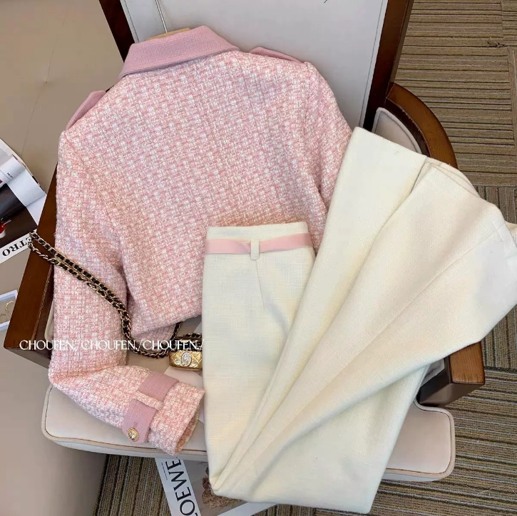 Neploe Simple Korea Y2K Small Fragrance Suit Coat Paneled High Waist Wide Leg Pants Casual Preppy England Trousers
