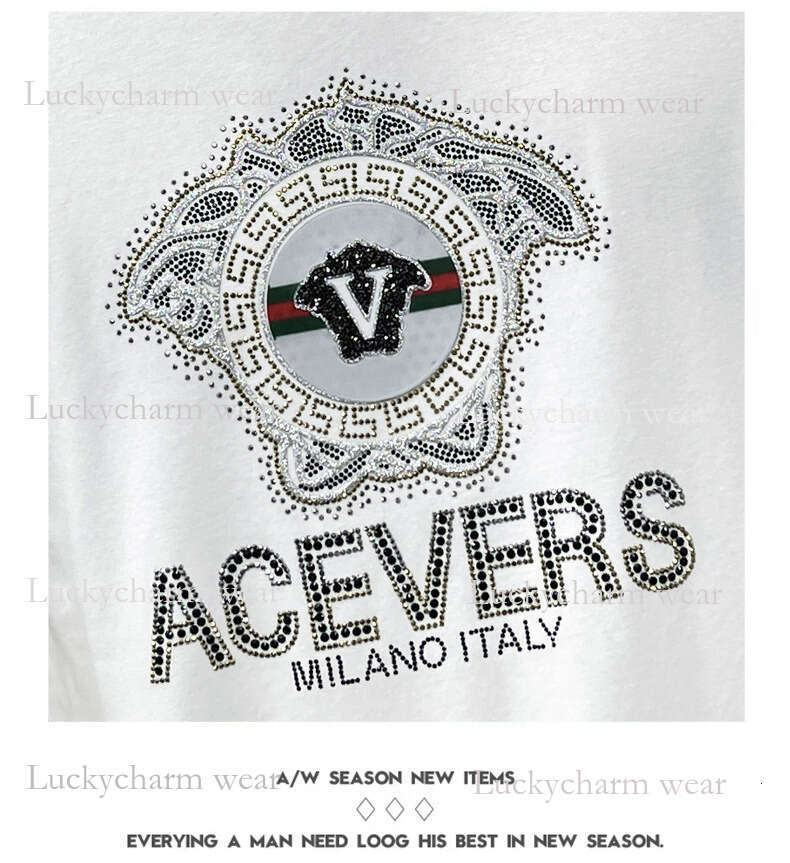 Summer Short Sleeve T-Shirt For Men Trendy Cool Round Neck Rhinestone Luxury High-End Slim Fit Versatile Printed Youth