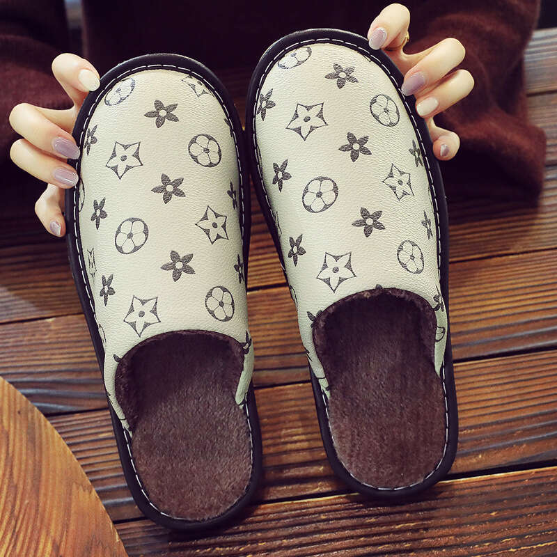 Leather Cotton Men Thick Sole Indoor Home Waterproof Non-Slip Slippers for Women Autumn Winter