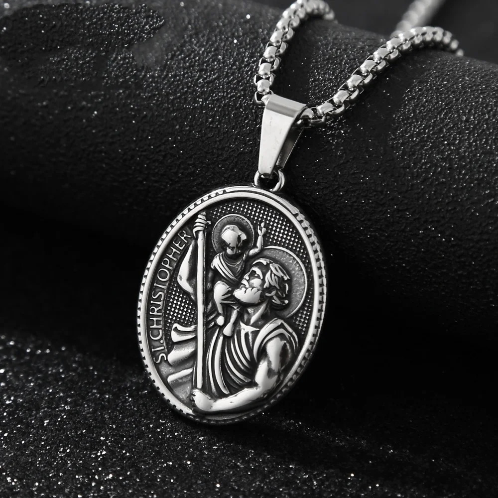 Religious St Christopher Protect Us Necklace For Men Stainless Steel Geometric Oval Pendant Collares Jewelry 251226