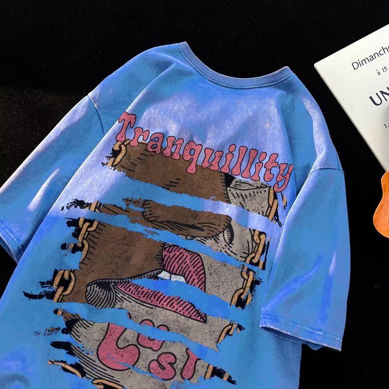 2026 Summer American Vintage Anime Print Washed T-shirt for Men, Lazy Style Couple Casual Tee