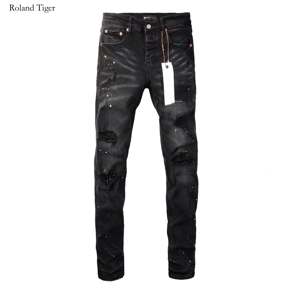 Roland Tiger Men's Stretch Slim Fit Ripped Jeans High Street Trend Black Washed Mid-Waist