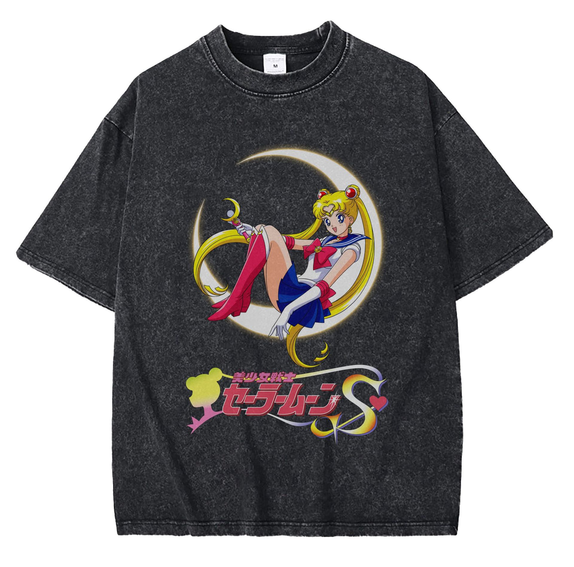 Streetwear American Vintage Anime Print T-shirt for Men, 230g Washed Loose Fit Short Sleeve, High Street Cross-Border Vintage Tee