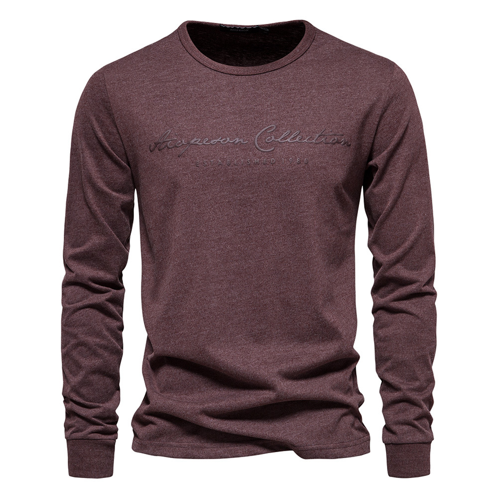 WOZK men's long sleeved new solid color T-shirt casual sports round neck pure cotton letter printed long sleeved base shirt warm