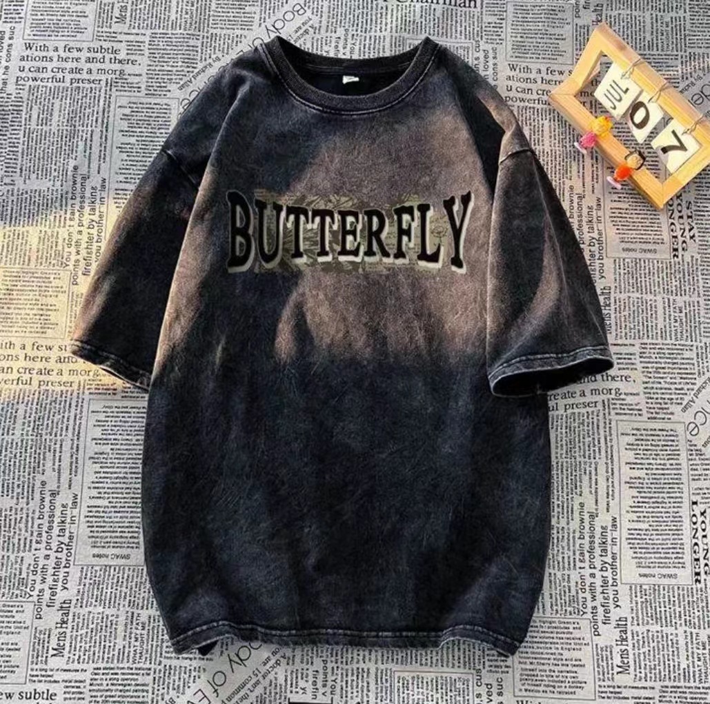 Heavyweight Washed Vintage T-shirt for Men, Summer Niche Design Gothic Butterfly Print Half Sleeve Tee