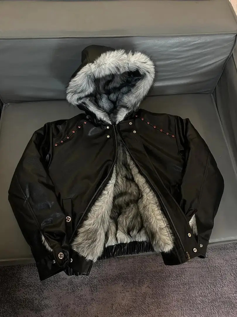 Y2k American Hip-hop Plus Plush Thick Leather Jacket Men Hooded Big Fur Collar Cotton Jacket Short and Wide Cotton Jacket 251226