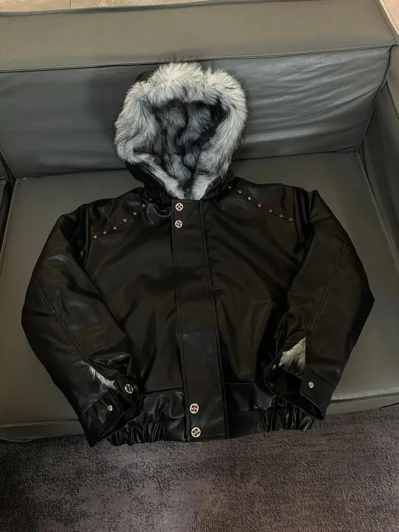 Y2k American Hip-hop Plus Plush Thick Leather Jacket Men Hooded Big Fur Collar Cotton Jacket Short and Wide Cotton Jacket 251226