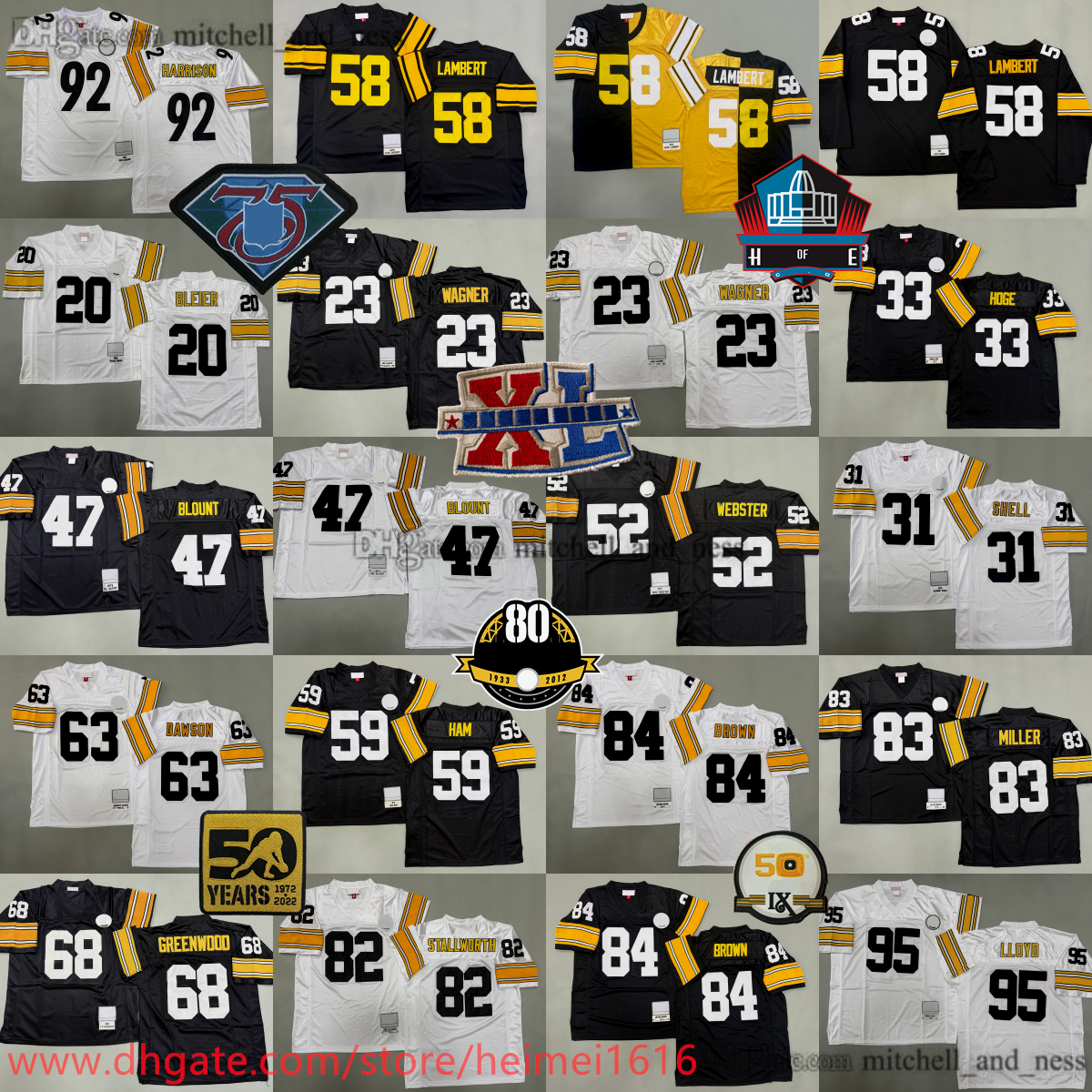 2005 M&N Throwback Football 92 James Harrison Jersey Antonio Brown Heath Miller John Stallworth Merril Hoge Mike Wagner Rocky Bleier Greenwood Dawson Webster Blount
