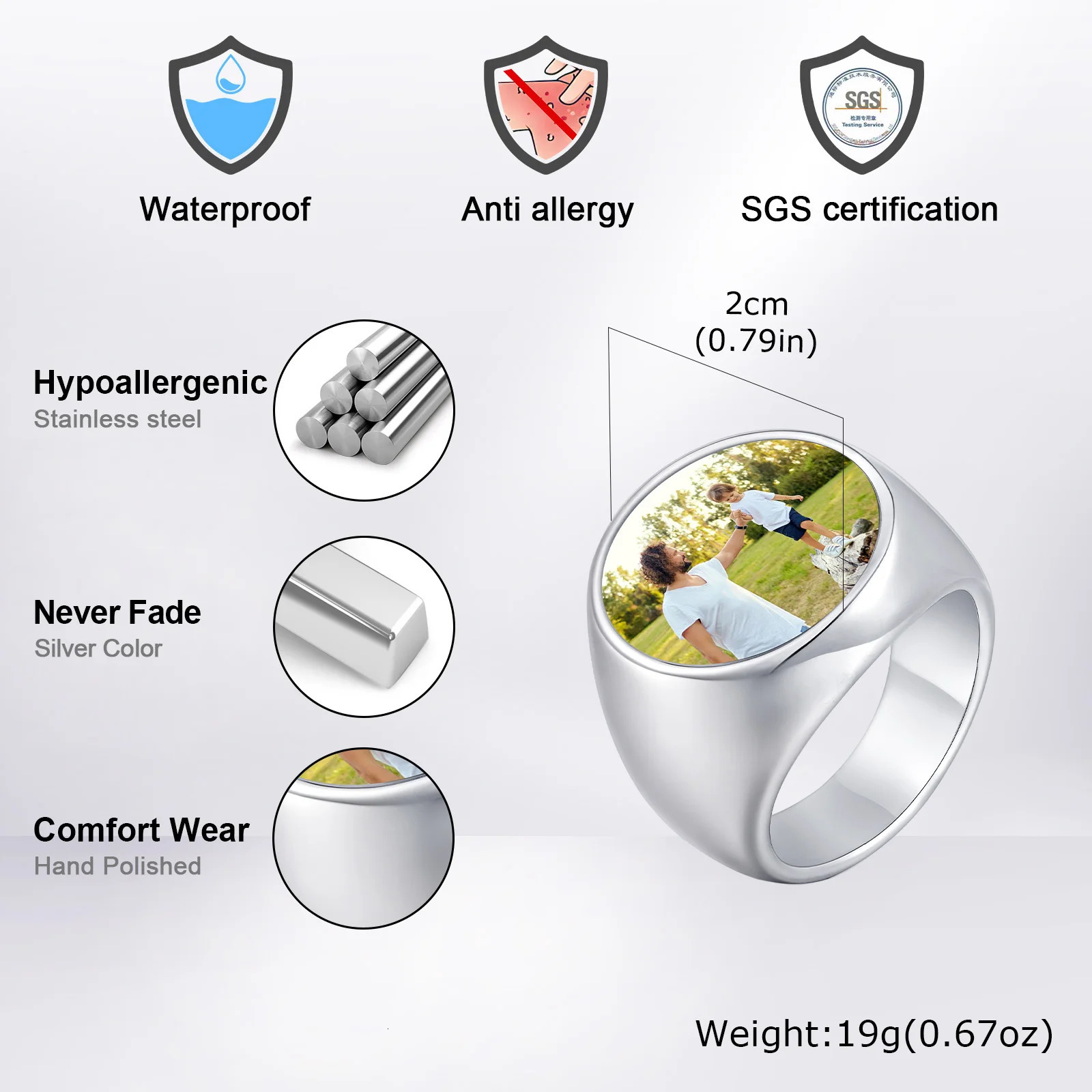 Waterproof Po Picture Ring for MenCustom Stainless Steel Square Round RingPersonalized Thumb Ring 251224