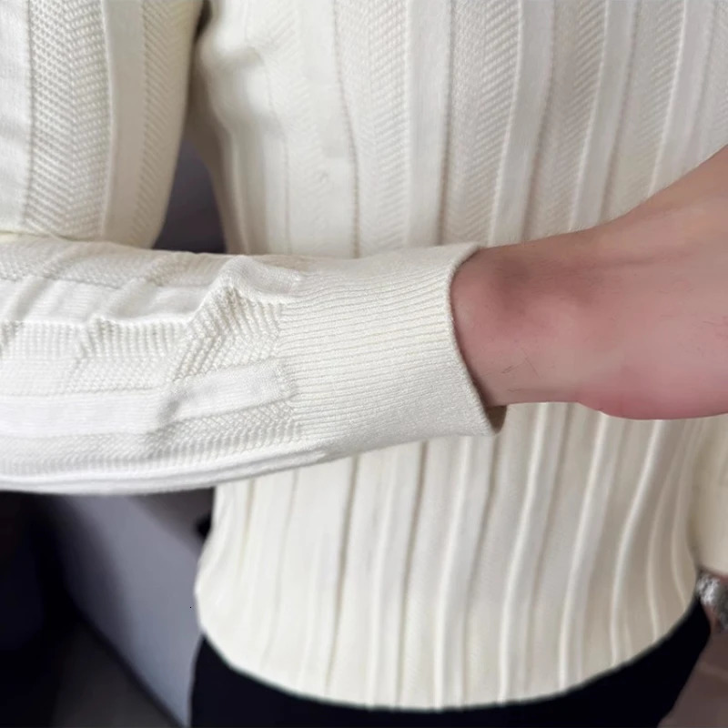 Mens Zip-Front Knit Sweater - White Polo Collar Black/Burgundy/Cream M-4XL Soft Touch Autumn Winter Casual Style 251223