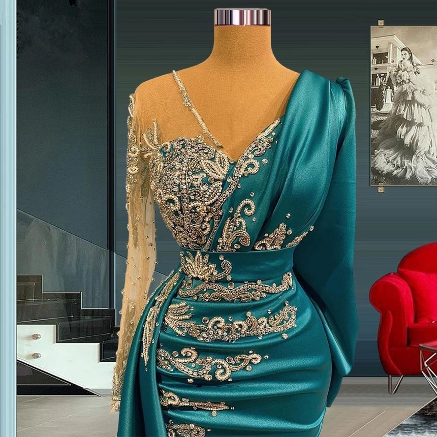Elegant Blue Satin Mermaid Evening Dresses With Long Sleeves Appliques Beaded Women Formal Ocn Prom Gowns Arabic Second Reception Dress D27 - view 6