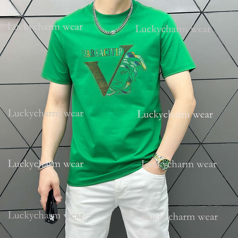 Real Shot Summer New European Style Letter Heat-Printed Short Sleeve Men's Slim Fit T-Shirt