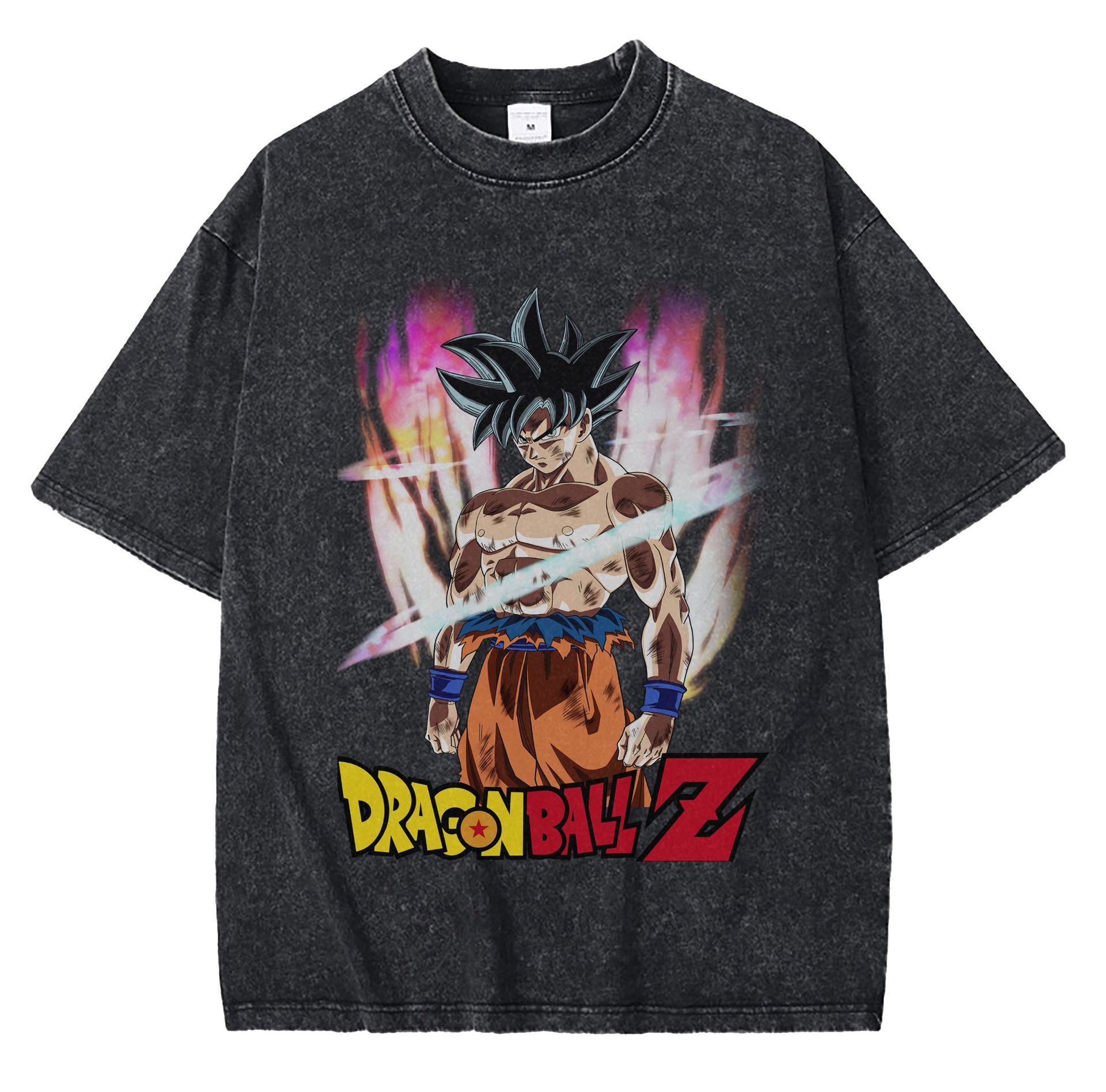 Streetwear American Vintage Anime Print T-shirt for Men, 230g Washed Loose Fit Short Sleeve, High Street Cross-Border Vintage Tee
