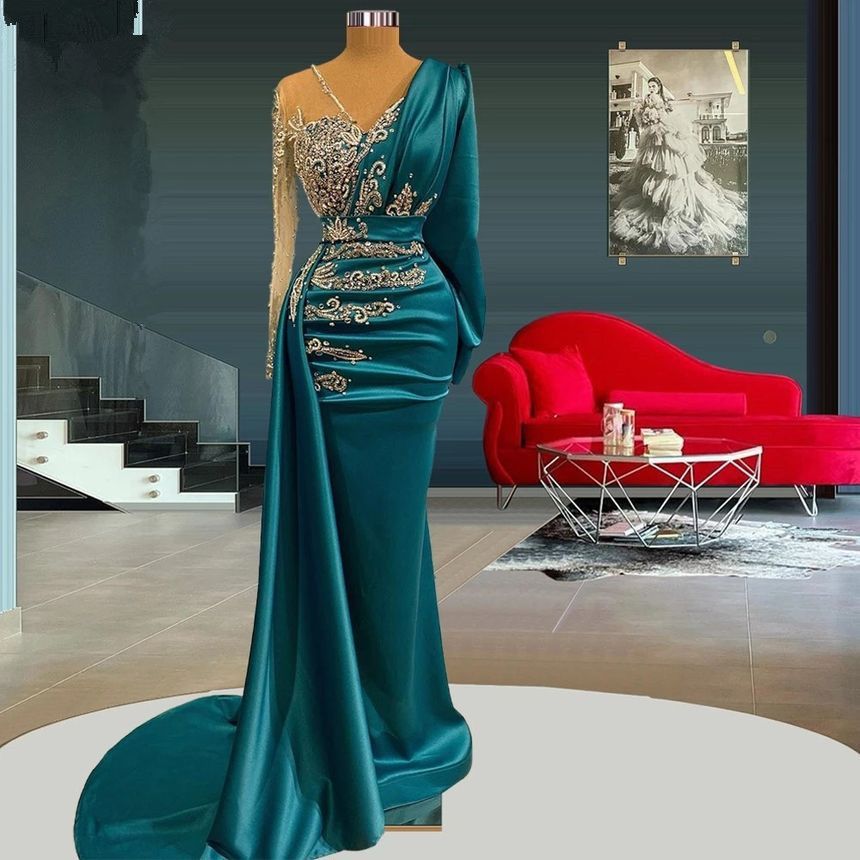 Elegant Blue Satin Mermaid Evening Dresses With Long Sleeves Appliques Beaded Women Formal Ocn Prom Gowns Arabic Second Reception Dress D27 - view 5