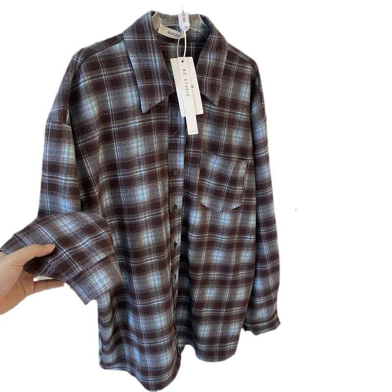 Spring Vintage Loose Fit Boyfriend Style Design Brushed Cotton Plaid Shirt For Women B5