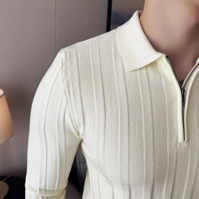 Mens Zip-Front Knit Sweater - White Polo Collar Black/Burgundy/Cream M-4XL Soft Touch Autumn Winter Casual Style 251223