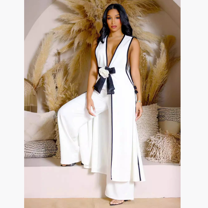 Womens Summer Fashion Sexy Two-piece Set Camellia Bow Sleeveless Spell Color Long Sundress Solid Color Wide Leg Trouser Set