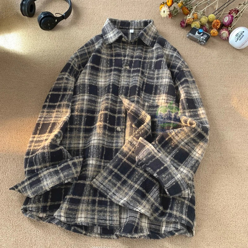 Clothing Plaid Shirt Men Harajuku Korea Mens Daily Casual Work Long-sleeved Thick Shirt Autumn Winter Shirt Jacket 251226