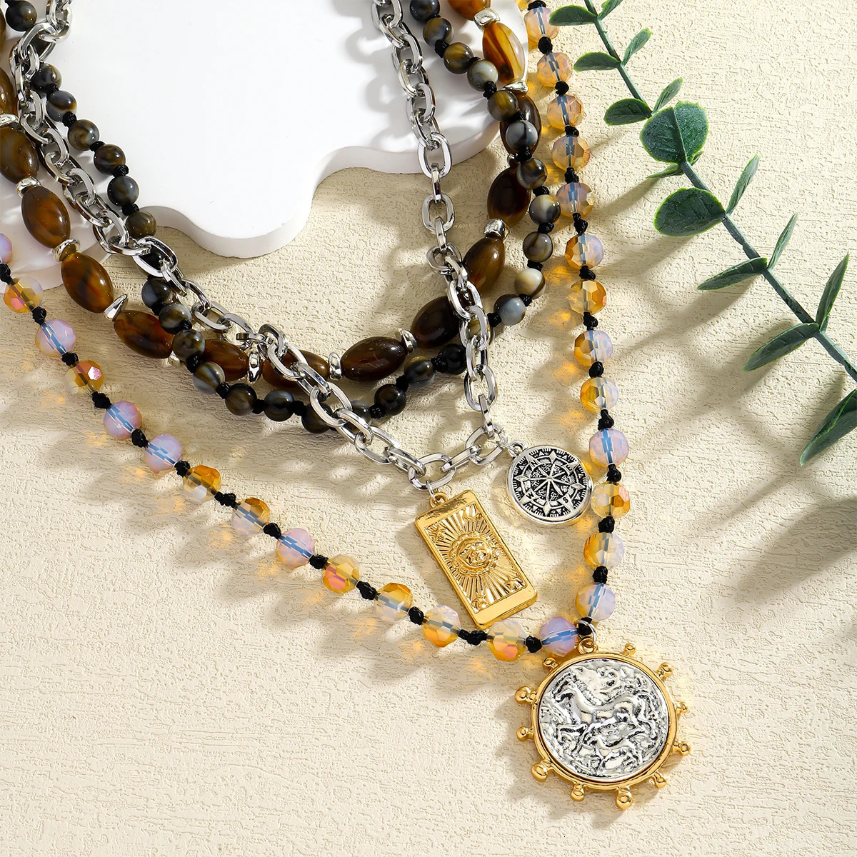 Vedawas Fashion Creative Multilayer Beads Pendant Necklace For Women Natural Stone Beaded Round Coin Drop Chain Necklace Gift 251224