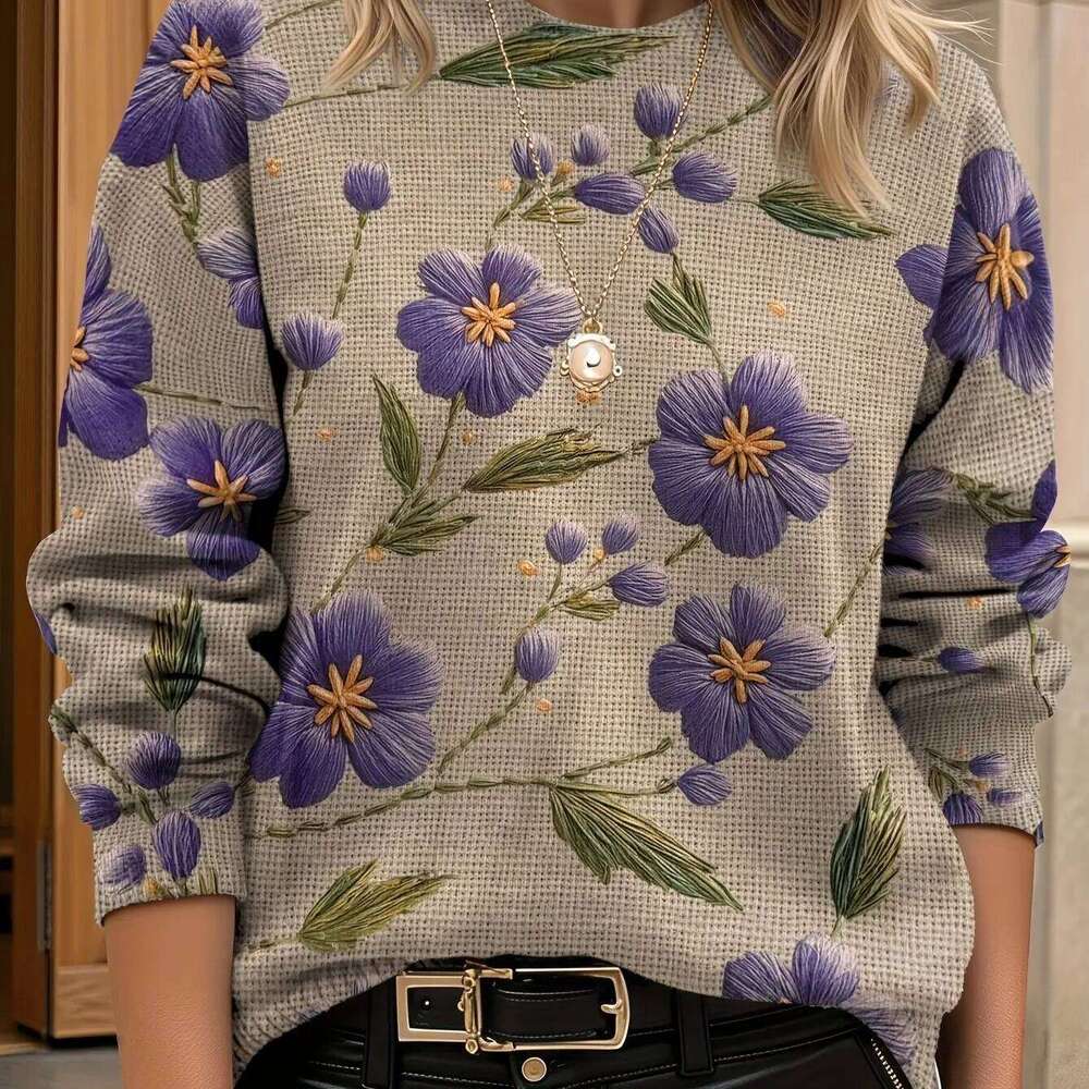 Fashion 2026 Women's Loose Round Floral Print Long Sleeve Crew Neck Sweater Elegant Style Casual Attire Versatile Fashion Sweat-Shirt Femme Luxe