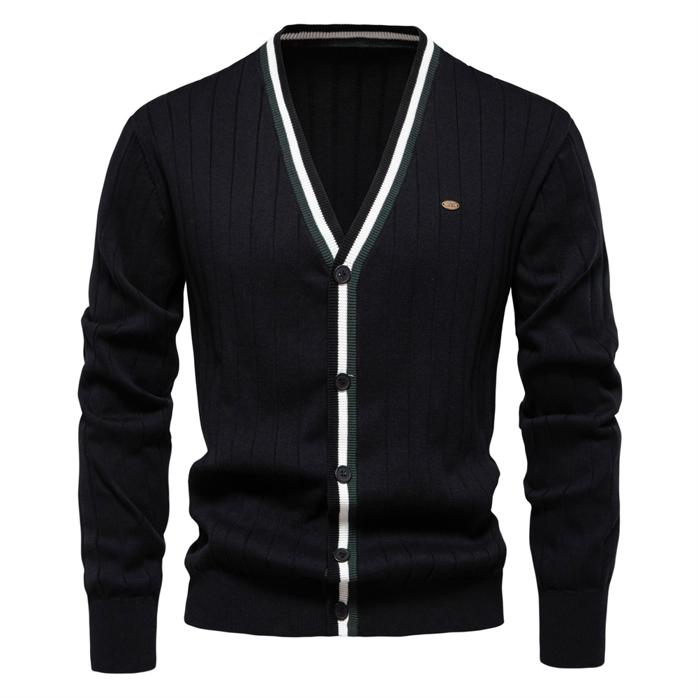 WOZK autumn and winter new cardigan men's V-neck long sleeved sweater trendy style contrasting border men's knitted jacket Men's Clothi