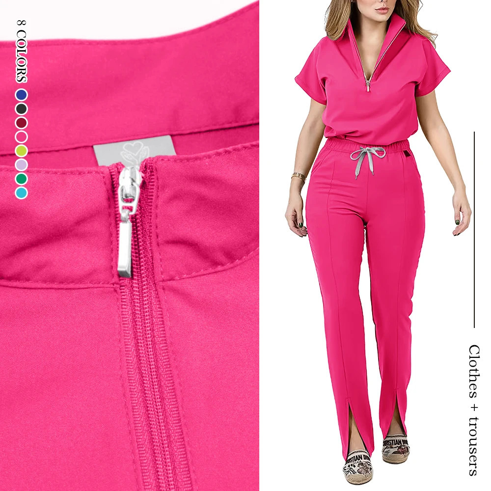 Wholesale Apparel Scrub Set Uniform Women Summer Zipper Scrub Top Pants Hospital Clothing Uniforms with Pocket251222