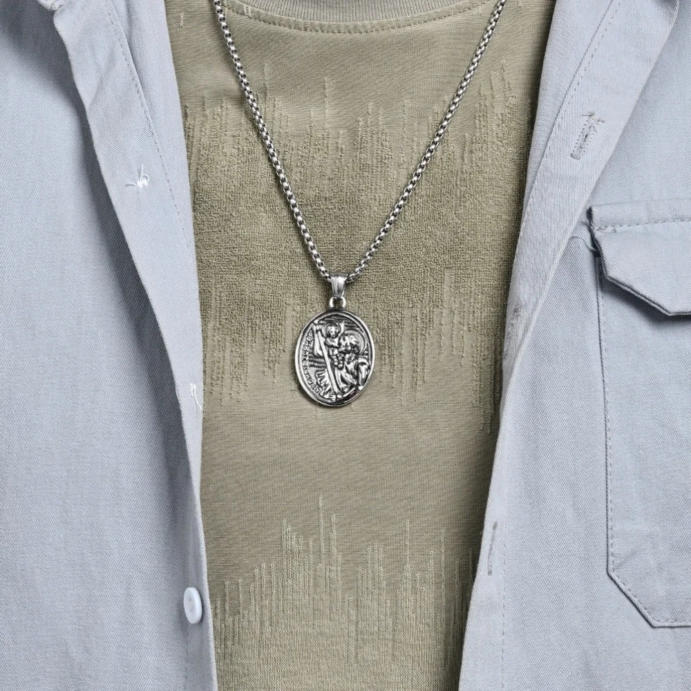 Religious St Christopher Protect Us Necklace For Men Stainless Steel Geometric Oval Pendant Collares Jewelry 251226