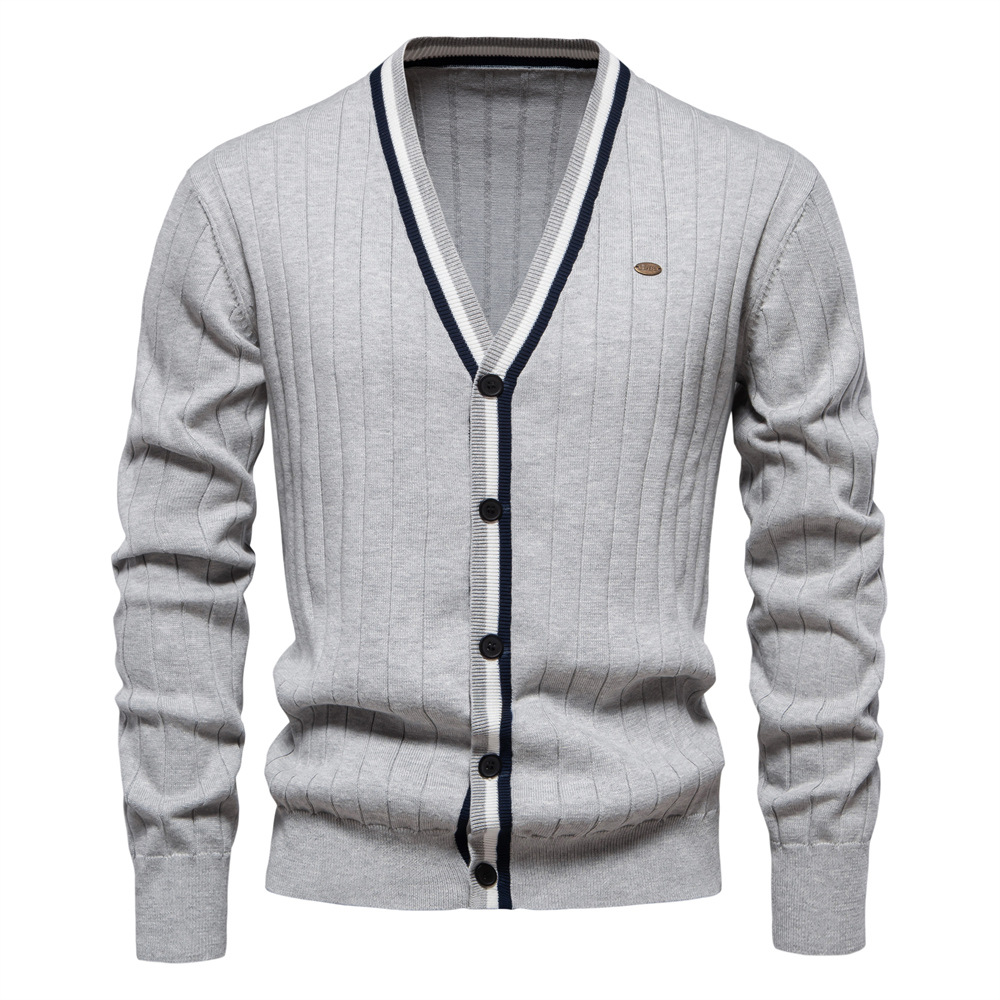 WOZK autumn and winter new cardigan men's V-neck long sleeved sweater trendy style contrasting border men's knitted jacket Men's Clothi