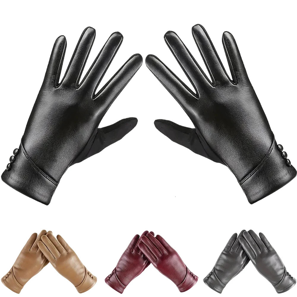 Elegant Women PU Leather Windproof Touchscreen Gloves With Soft Fleece Lining Warmth Cycling Gloves Anti-slip for Outdoor 251226