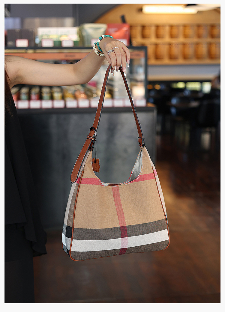 Women's bag fashion casual large capacity tote bag plaid with genuine leather shoulder bag 2025 new style high-end and stylish internet celebrity