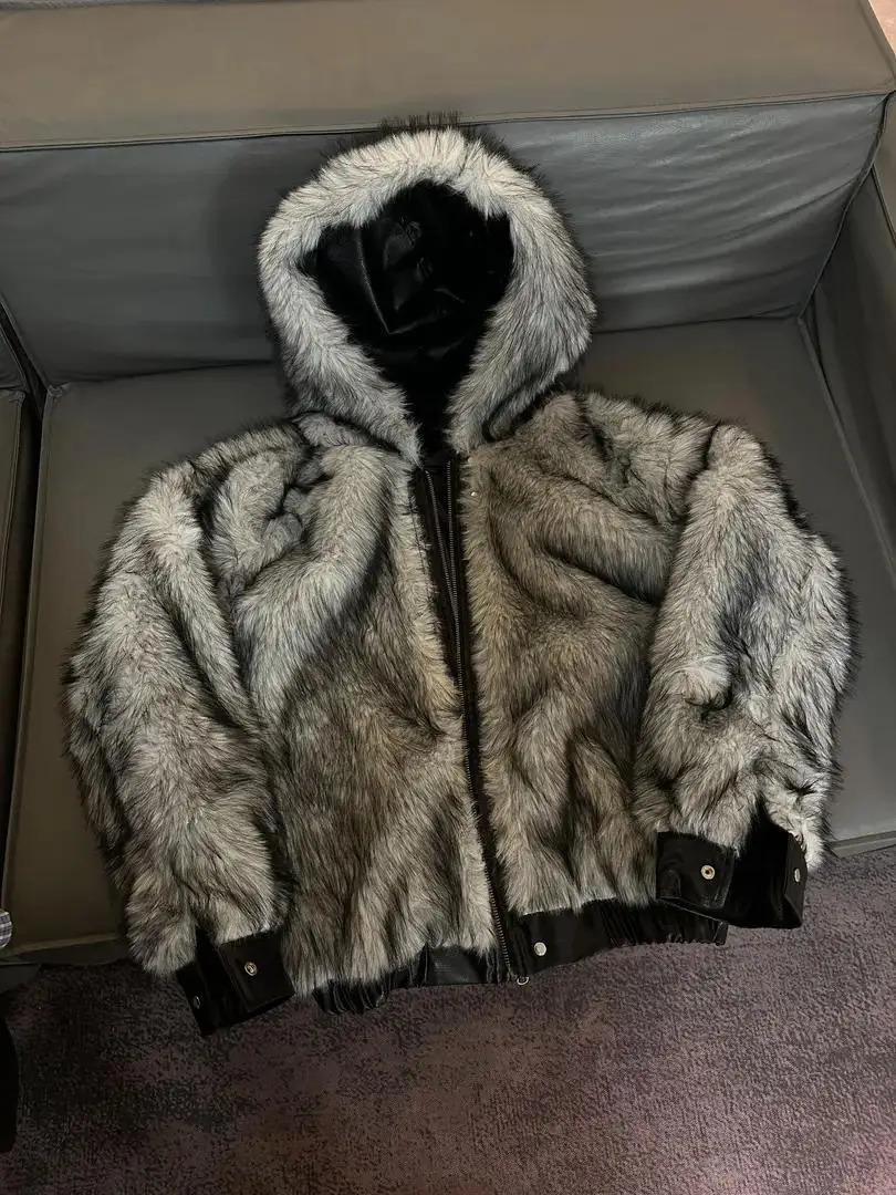 Y2k American Hip-hop Plus Plush Thick Leather Jacket Men Hooded Big Fur Collar Cotton Jacket Short and Wide Cotton Jacket 251226