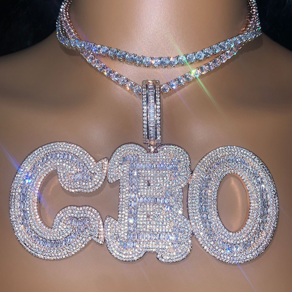 Hip Hop A-Z Custom Name Letters Pendant Necklace 5A Zircon Curlicue Font Jewelry