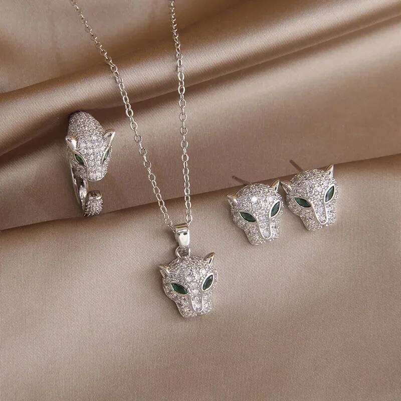 New Sight Luxury Zirconia Leopard Stud Earrings for Women Crystal Animal Charm Pendant Necklaces Open Rings Fashion Jewelry Set