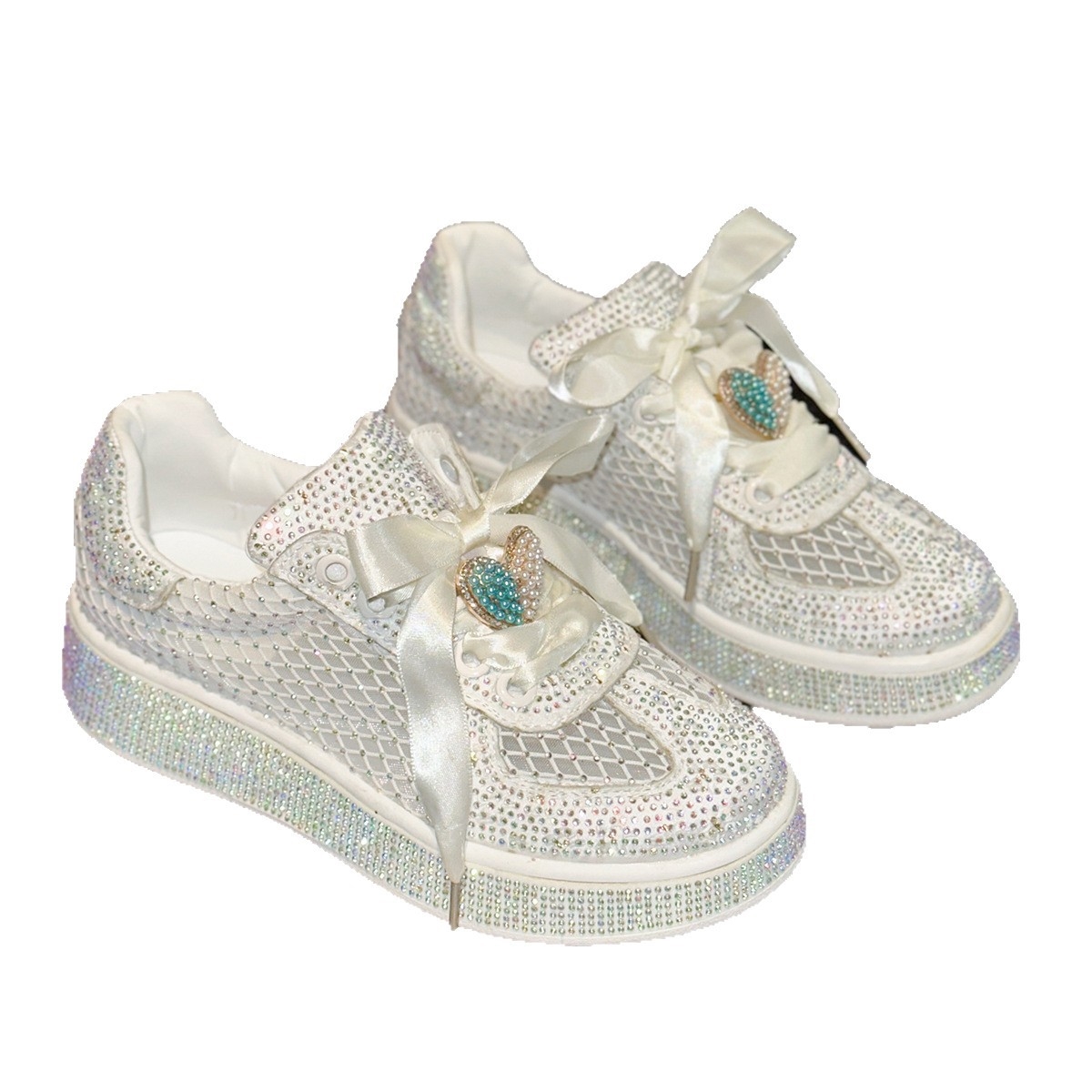 Free shipping women's casual shoes with rhinestones new thick soled full diamond lace up sneakers large size black and white