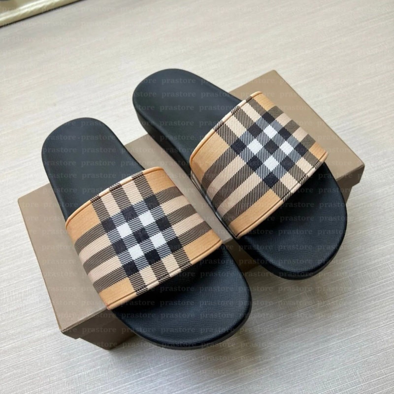 Designer Check Slides Vintage Printing Tartan Slippers Sliders Mens Furley Archive Summer Beige Print Embossed Logo Slide Dark Cerulean Blue Mangrove Sizes35-46