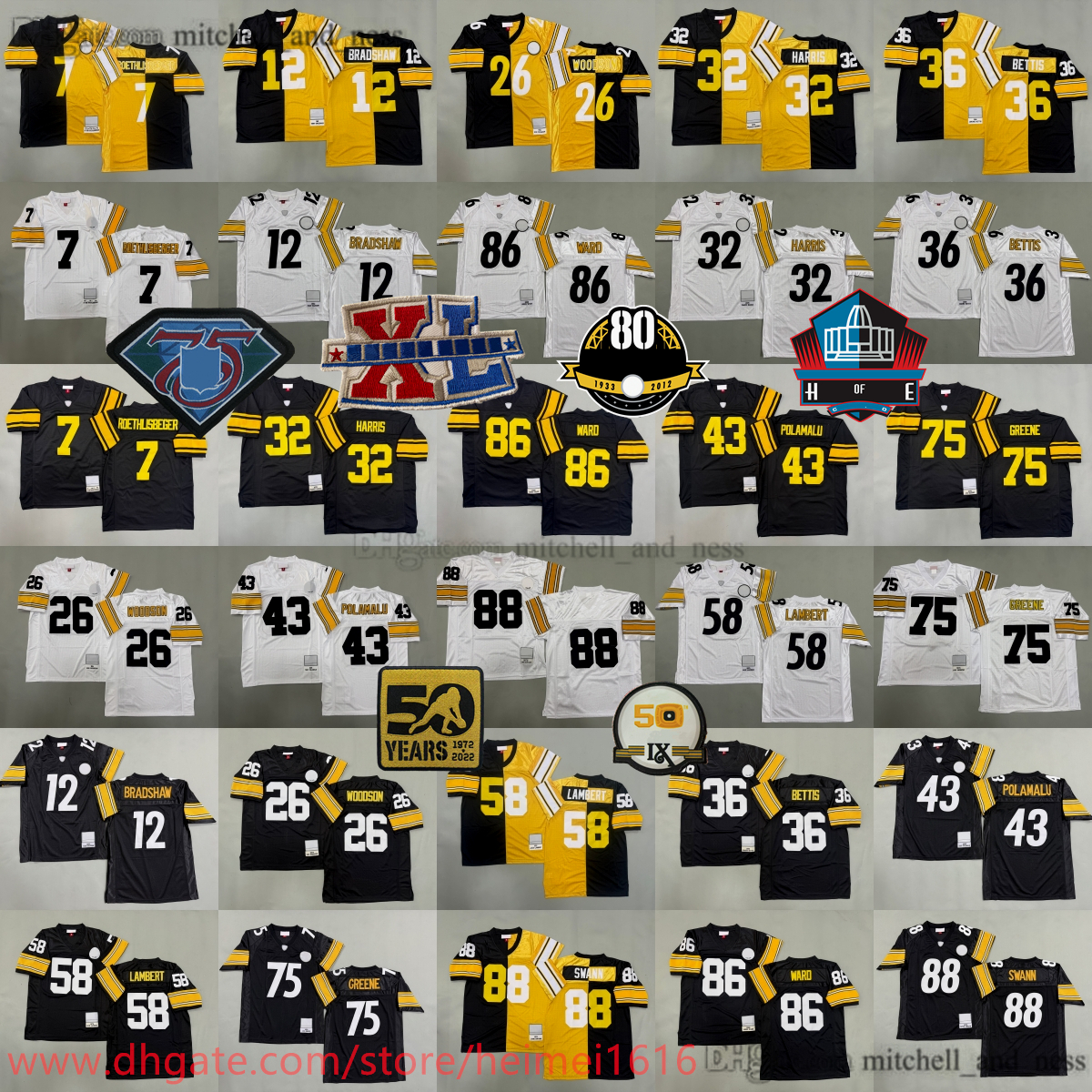 1976 Throwback Football 32 Franco Harris Jersey Rod Woodson Joe Greene Terry Bradshaw Hines Ward Jerome Bettis Lynn Swann Troy Polamalu Jack Lambert Roethlisberger