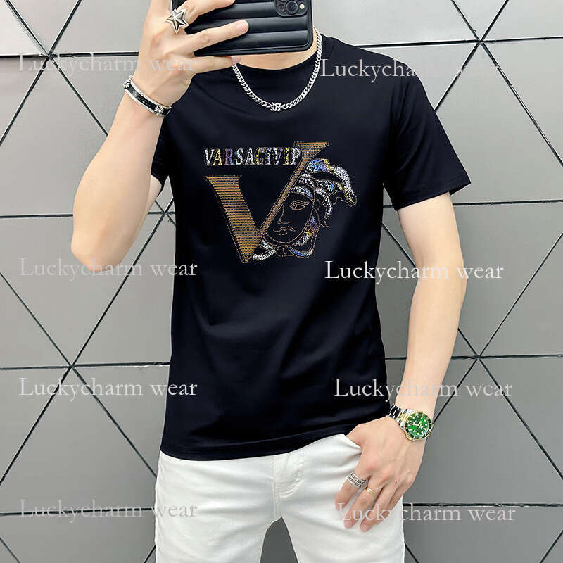 Real Shot Summer New European Style Letter Heat-Printed Short Sleeve Men's Slim Fit T-Shirt