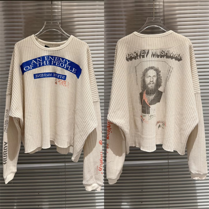 Waffle Long Sleeved Vintage Tee Casual Oversized Tops T Shirt For Men