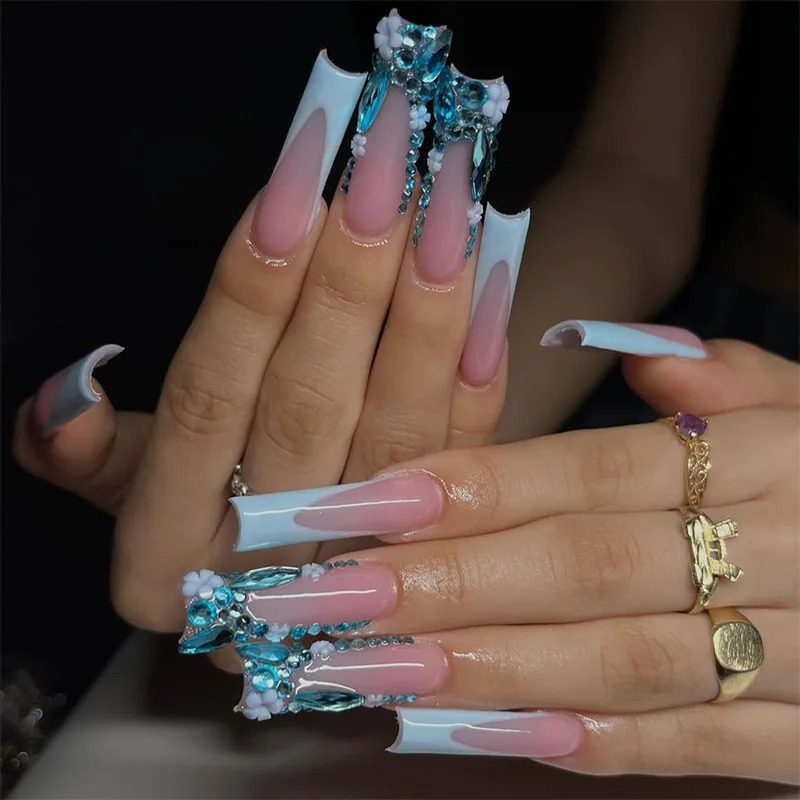 24Pcs Long French Square Head Press on False Nails 3D Blue Flower Rhinestone n Full Cover Fake Nails Tips Wele Manicure 251222