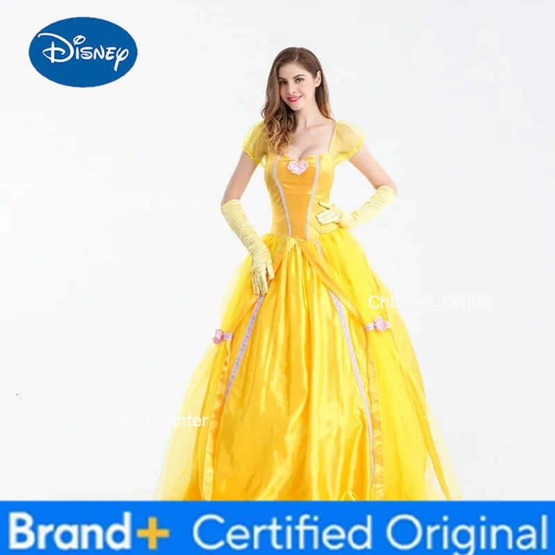 Disney Yellow Long Dress Halloween Costume Belle Princess Dress Masquerade Carnival Adult Belle Beauty And The Beast Roles Suit H2512271
