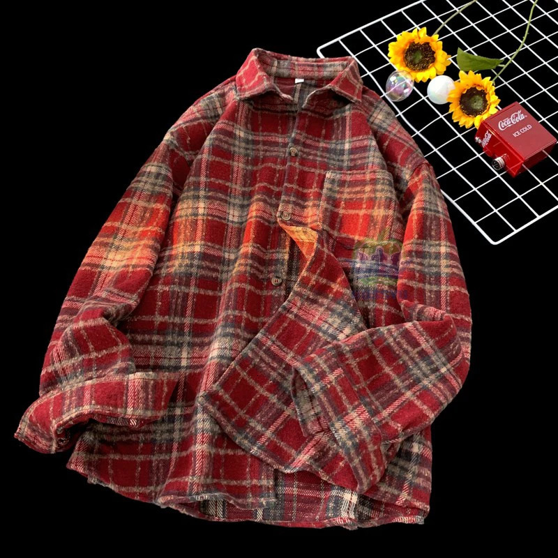 Clothing Plaid Shirt Men Harajuku Korea Mens Daily Casual Work Long-sleeved Thick Shirt Autumn Winter Shirt Jacket 251226